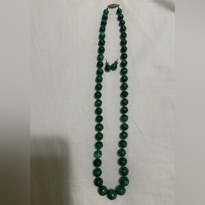 VINTAGE Green Malachite Bead Necklace & Earrings
